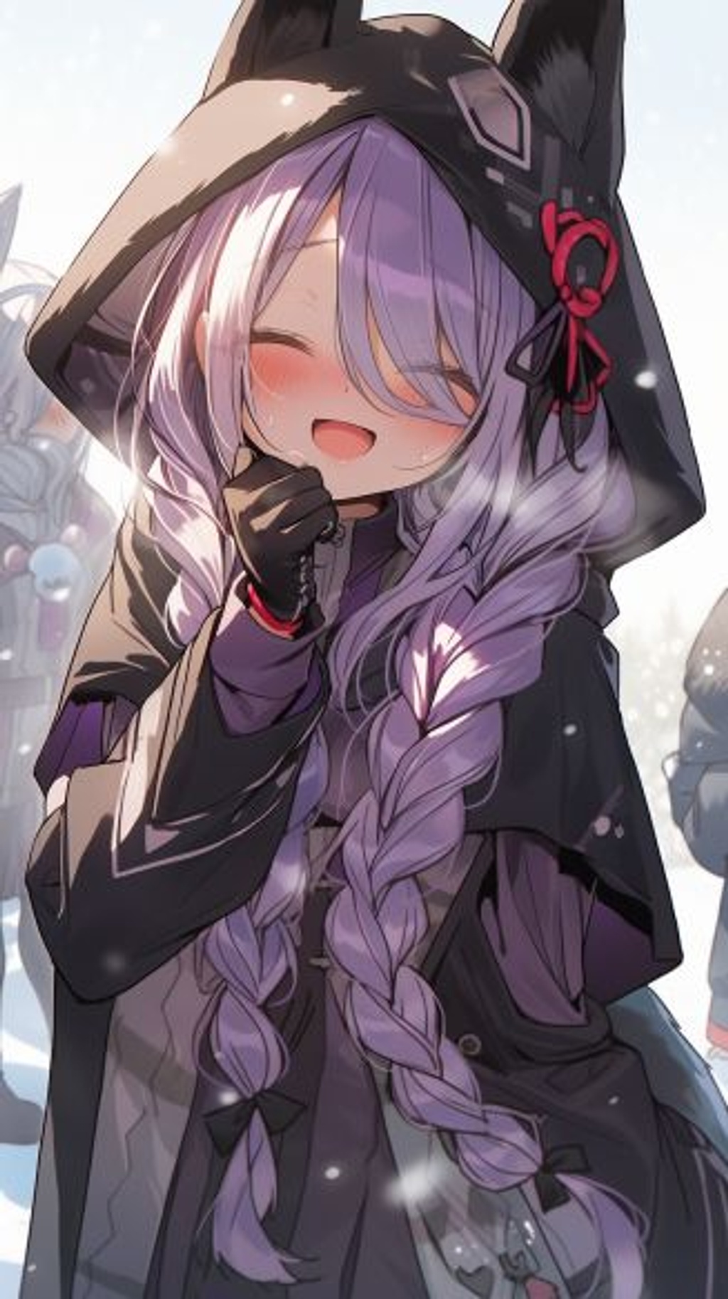 Prompt: woman with purple braided hair, long purple fox ears, fantasy black and purple fur rimmed coat, bright blue eyes, one eye closed in a wink, flirty, crazy, laugh open mouth, black gloves, red liquid covered face, red liquid on lips, red liquid on clothing, snowing, deep snow, mountains, dramatic angle, genshin impact --ar 9:16 --q 2 --upbeta --niji 5 --q 2 --upbeta --niji 5ct --ar 9:16 --q 2 --upbeta --niji 5 --q 2 --upbeta --niji 5