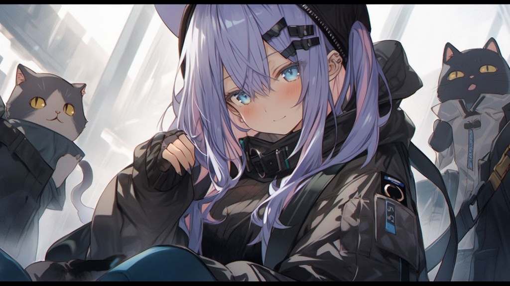 Prompt: a female anime character with purple hair and headphones, blue eyes, in the style of furry art, dark gray and light bronze, he jiaying, dark black and light azure, frank holl, intertwining materials, catcore --ar 130:73 --q 2 --upbeta --niji 5