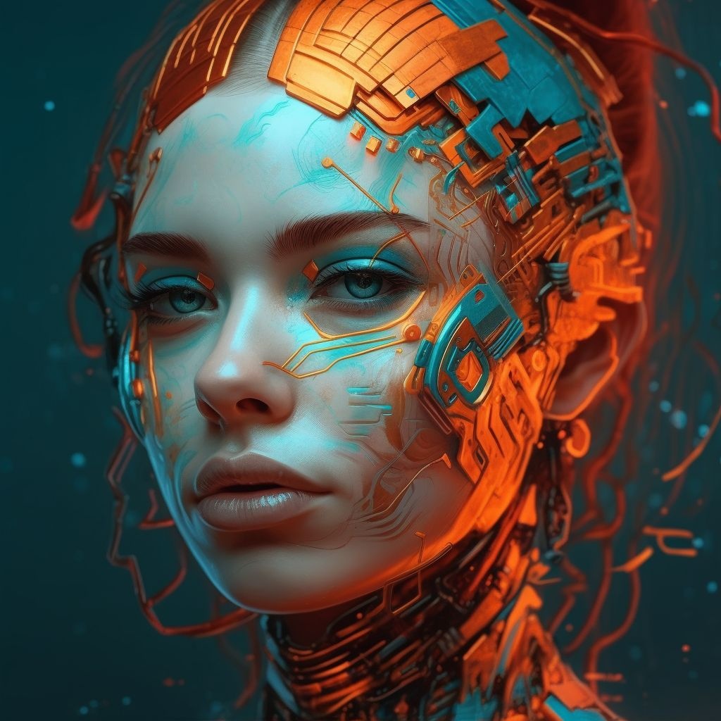 Prompt: a digital painting of a woman's face, inspired by Mike Winkelmann, digital art, cute cyborg girl, in style of 3d render, cyan and orange, red realistic 3 d render, a beautiful artwork illustration, 8 0's style tomasz alen kopera, smooth 3 d illustration