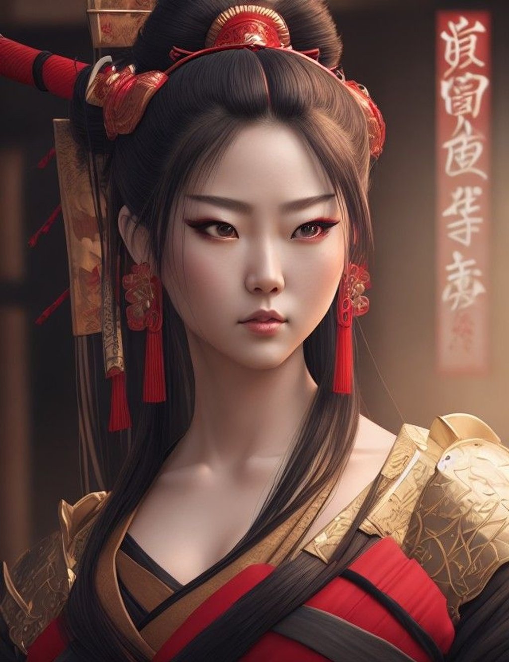 Prompt: female dressed as samurai, gorgeous, attractive, flirting, (((full body visible))), looking at viewer, portrait, photography, detailed skin, realistic, photo-realistic, 8k, highly detailed, full length frame, High detail RAW color art, piercing, diffused soft lighting, shallow depth of field, sharp focus, hyperrealism, cinematic lighting