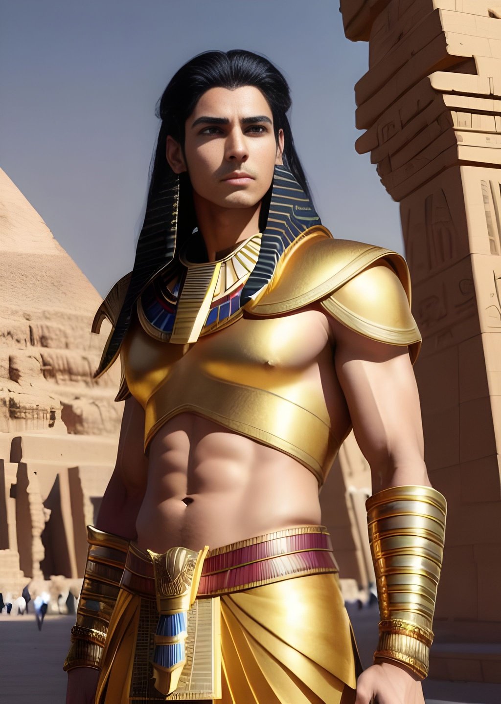 Prompt: Romantic art of firaun, male,mature,pretty eyes,brave,elegant hair,classic,gold clothes,focus,cool pose,Egypt history,Egypt civilization background,perfect composition,highly detailed,ultra-fine detailed,64k,UHD,XIX,dynamic,artstation,artistic,aesthetic,half body shot,