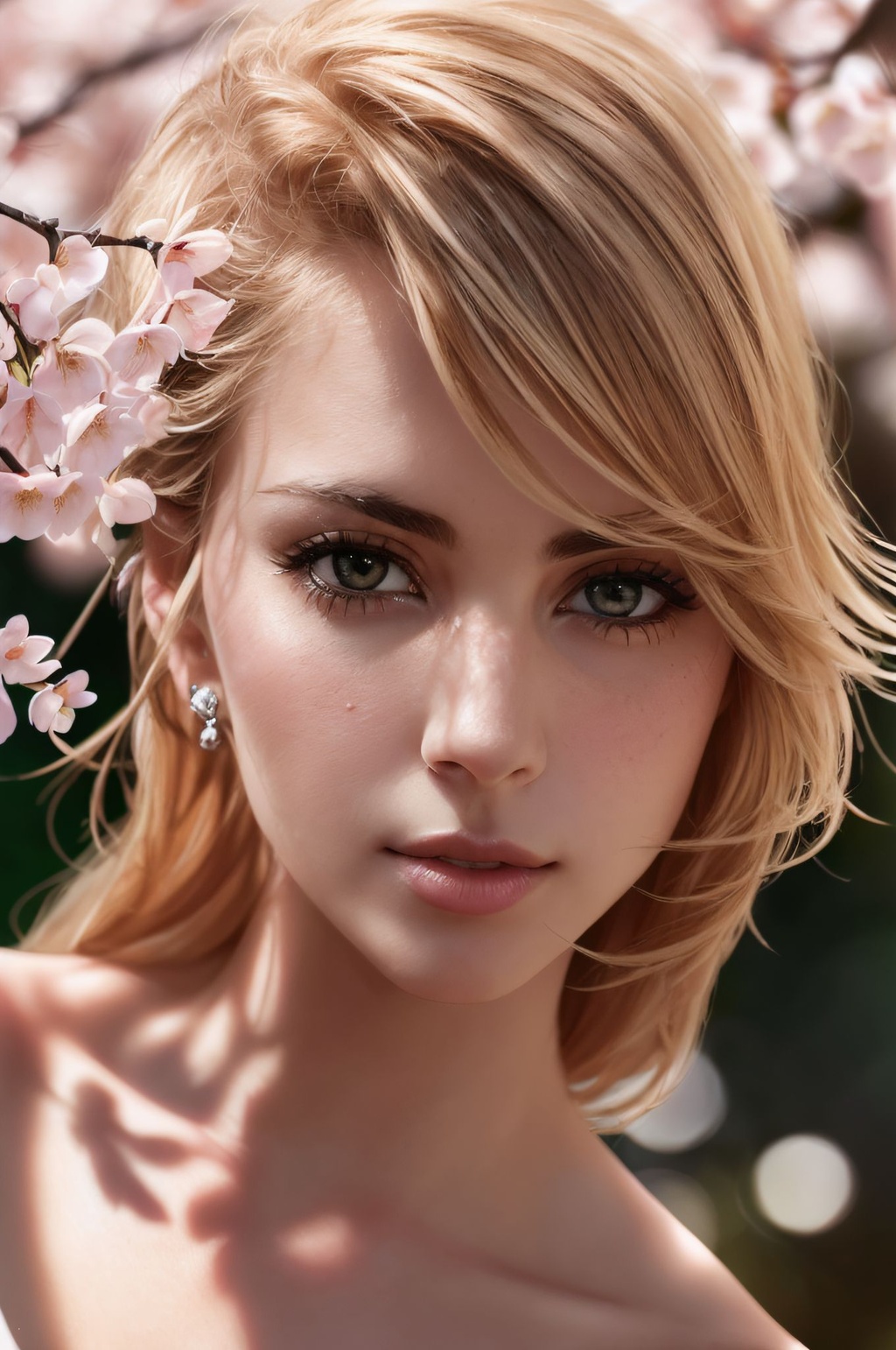 Prompt: photo of a gorgeous blonde female in the style of stefan kostic, realistic, half body shot, sharp focus, insanely detailed, intricate, elegant, art by stanley lau and artgerm, extreme blur cherry blossoms background, Bokeh,, RAW candid cinema, woman, studio, 16mm, ((color graded portra 400 film)) ((remarkable color)), (ultra realistic), textured skin, remarkable detailed pupils, ((realistic dull skin noise)), ((visible skin detail)), ((skin fuzz)), (dry skin) shot with cinematic camera