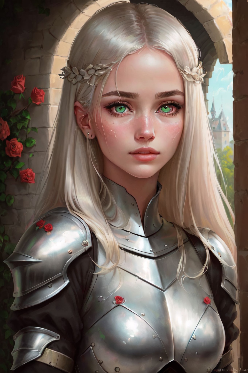 Prompt: (Masterful Digital Artwork:1. 3) of (Ultra detailed:1. 3), (raw photo ((ultra-detailed)), Pretty lady in the castle garden, angelic face((ultra-detailed)), ((photo)), silver knight armor, roses and flowers ((ultra-detailed)), dark silver-blonde hair, green eye, CGSociety, ArtStation