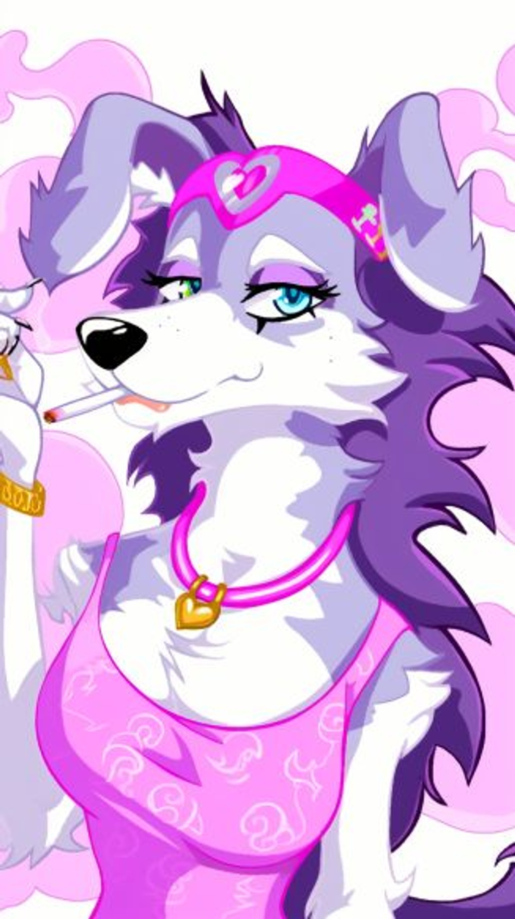 Prompt: anthropromorphic border collie with purple fur, realistic dog head on a human body, wearing pink tank top with a paw print on it, icy blue eyes, smoking a roach with smoke coming from it, beautiful blue eyes with long eyelashes, two long ponytails, --ar 9:16 --iw 2 --q 2 --upbeta --niji 5