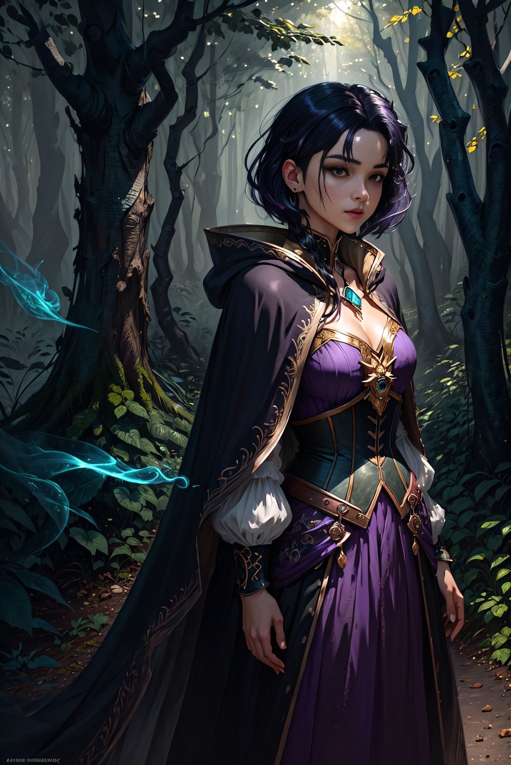 Prompt: dark witch, adventurer costume, big cloak, fantasy forest landscape, dragon scales, fantasy magic, trimmed hairstyle, short purple-black faded hair!!!!!!, dark light night, intricate, elegant, clear focus, illustration, very detailed!!!!!!!, digital painting, concept art, green neon smoke, matte painting, works by VLOP and Artgerm, Greg Rutkovsky and Alphonse Mucha, masterpiece,  <lora:epiNoiseoffset_v2:1>