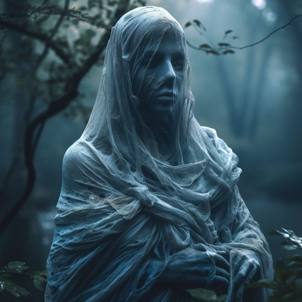 Prompt: a ghostly woman standing in the middle of a forest, cinematic close-up bust shot, inspired by Mike Winkelmann, funeral veil, scary monster statues, sculpture made of water, by Alexander Robertson, ivan shishk, children born as ghosts, mystical blue fog, mummified in bandages