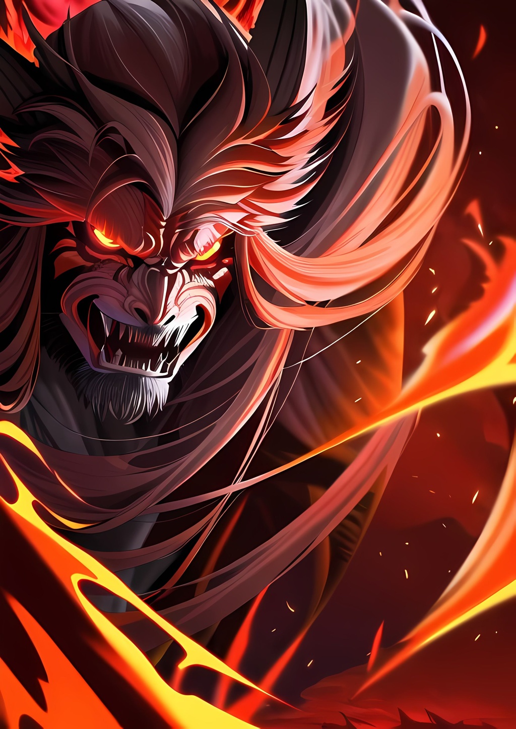 Prompt: Ilustration of ifrit,male,long hair,demon,scary eyes,creepy,angry,full of fire,masterpiece,epic,night time,64k,UHD,underworld,perfect composition,highly detailed,ultra-fine detailed,face detailed,silent,dark fantasy,Sharp focus,dark jungle,knee shot,