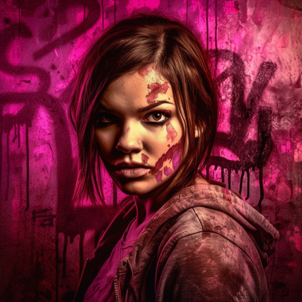 Prompt: horror wallpaper horror poster, in the style of graffiti-inspired portraiture, magenta and bronze, photo-realistic techniques, womancore, schlieren photography, gesture painting, blink-and-you-miss-it detail