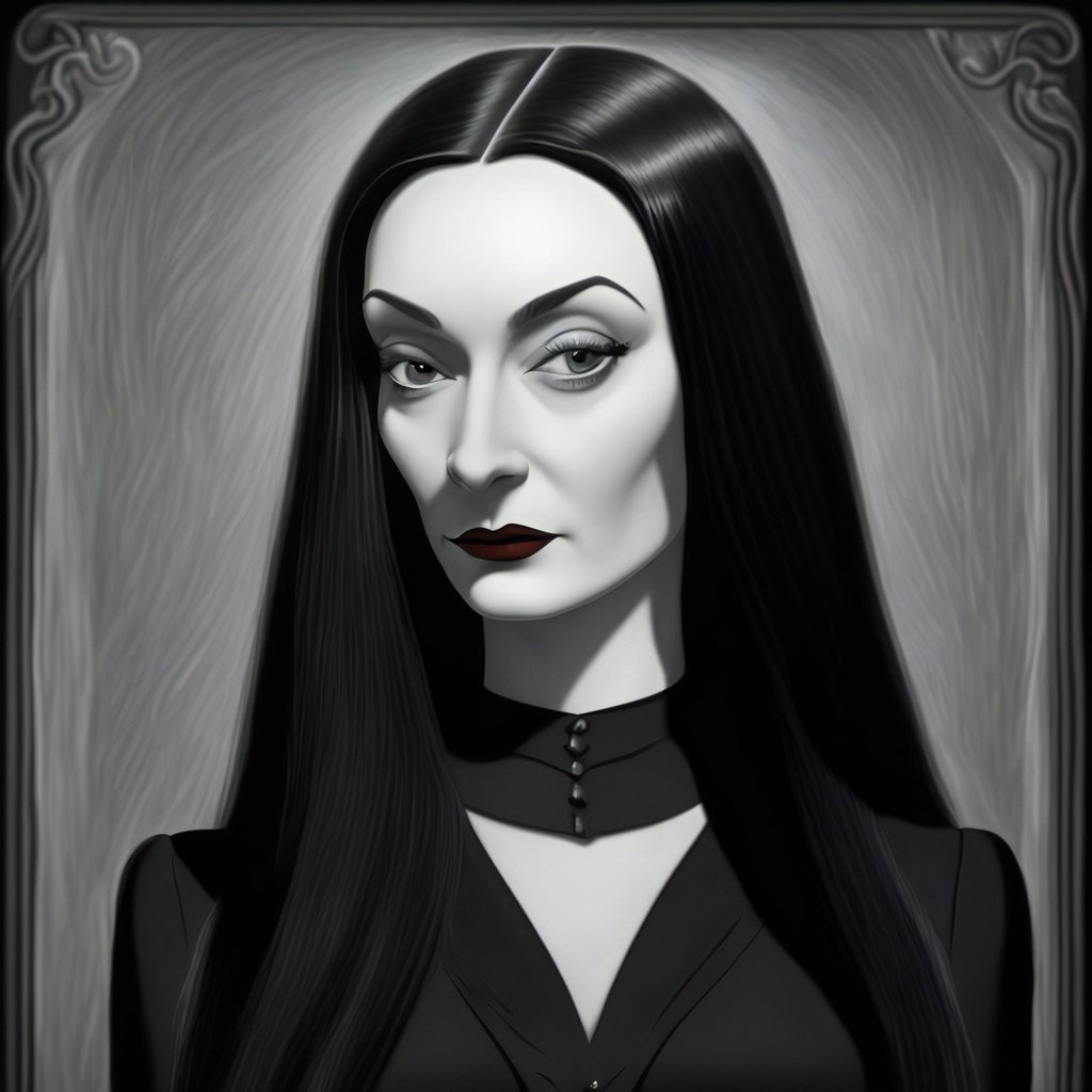 Prompt: artwork by Charles Addams high quality high resolution cartoon style ultra detailed portrait of very beautiful Morticia Addams hyperrealism