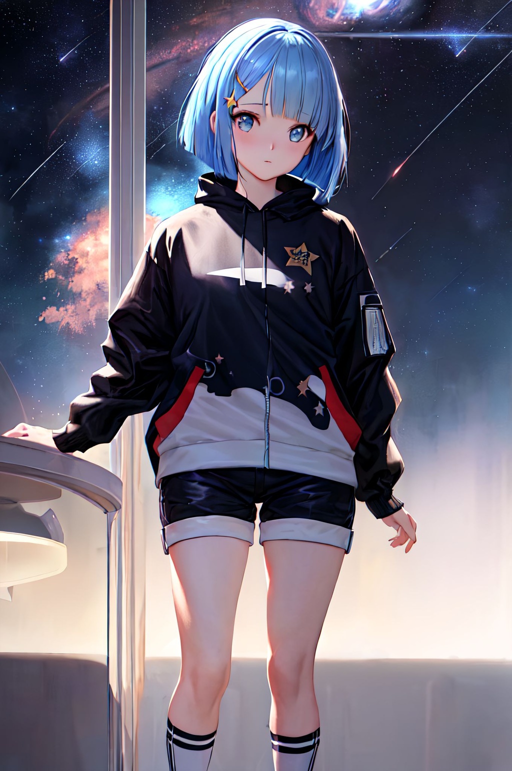 Prompt: astronomical girl, (with details of stars in the clothes in the hair and in the eyes), with cute white and blue short bob hair, krenz cushart, fantastic realism, cosmos, fantasy art, manhua, ray tracing reflections, streetwear outfit