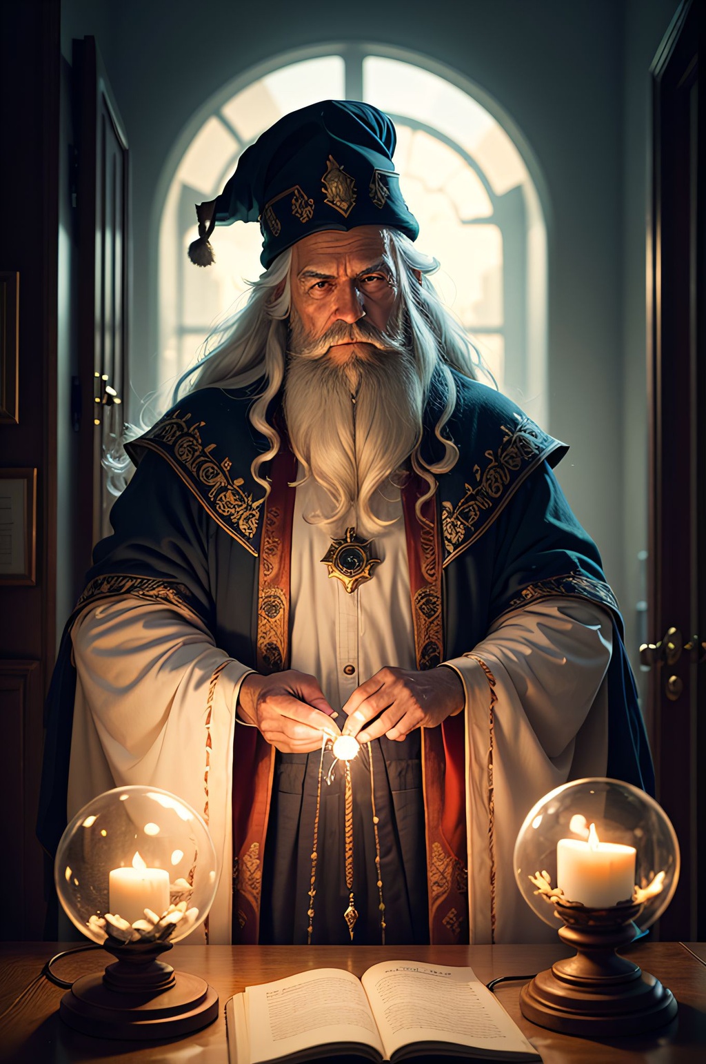 Prompt: (Masterpiece:1. 2), (Best Quality), Detailed, UHD, Cinematic Lighting, sharp focus, (illustration:1. 1) intricate, Old Wizard with long white hair and beard, wearing a wizard's robe and hat, pondering a glowing orb, in a dimly lit room, magician's room, glowing lights, flickering lights