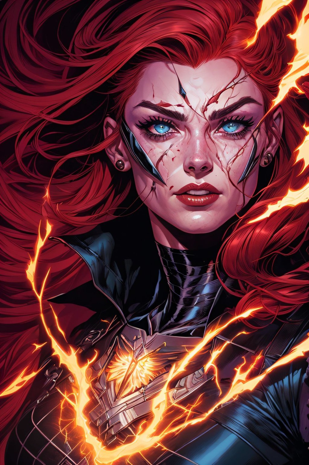Prompt: (delightful anatomy:1.1), (gloomy illumination, insane, stunning, dramatic, completed artwork, HQ:1.1), (Apterus anatomy, Dan mumford style:1.2),  RAW photo, A fierce Audrey Hepburn as Jean Grey's Phoenix, locked in battle with Magneto in a dramatic and explosive scene, with a sense of action and danger, digital painting, sharp lighting and bold colors, art by Jim Lee and John Byrne and Olivier Coipel and David Marquez and Phil Noto, (high detailed face:1.2), 8k uhd, dslr, soft lighting, high quality, film grain, Fujifilm XT3
