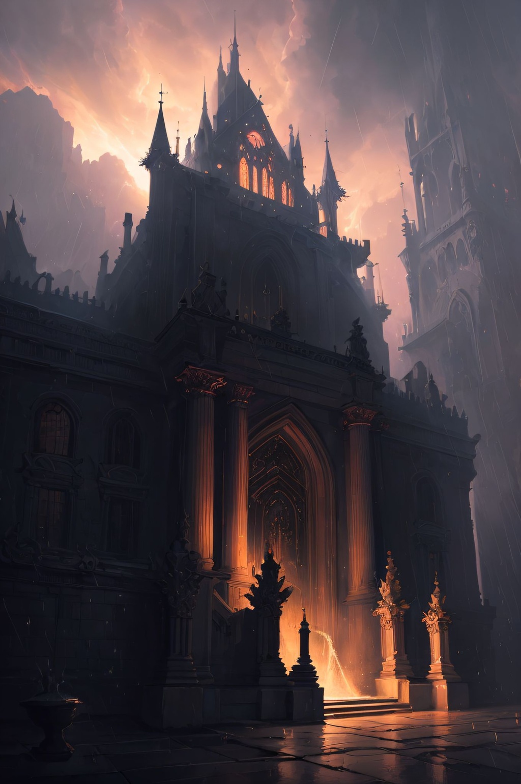 Prompt: (delightful anatomy:1.1), (gloomy illumination, insane, stunning, dramatic, completed artwork, HQ:1.1), (Apterus anatomy, Dan mumford style:1.2),  Environment fountain with goddess statue with luminescent symbols  ::gothic style fully developed castle :cinematic, raining, night time, detailed, epic , concept art, Matte painting, shafts of lighting, mist, photorealistic, concept art, volumetric light, cinematic epic   rule of thirds, movie concept art, 8k, cinematic, trending on artstation, movie concept art, cinematic composition , ultra detailed, realistic , hyper realistic , volumetric lighting , 8k 