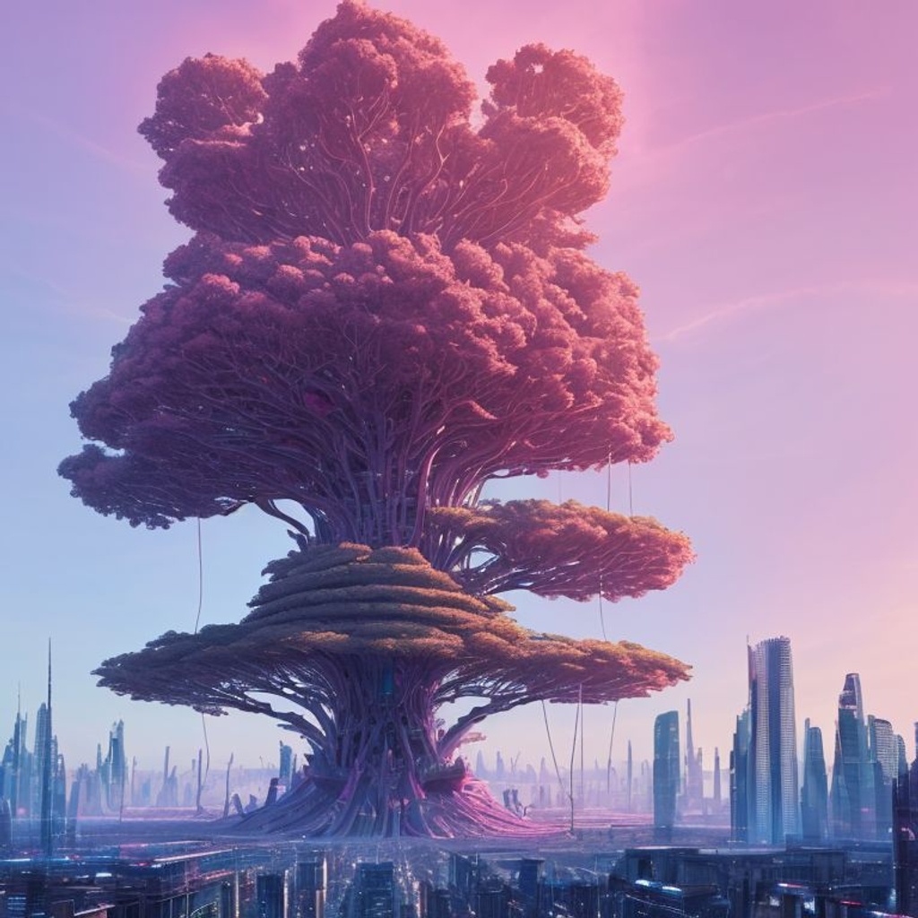 Prompt: giant tree growing in futuristic city, sky is pinkish-blue, intricate, highly detailed, 8k