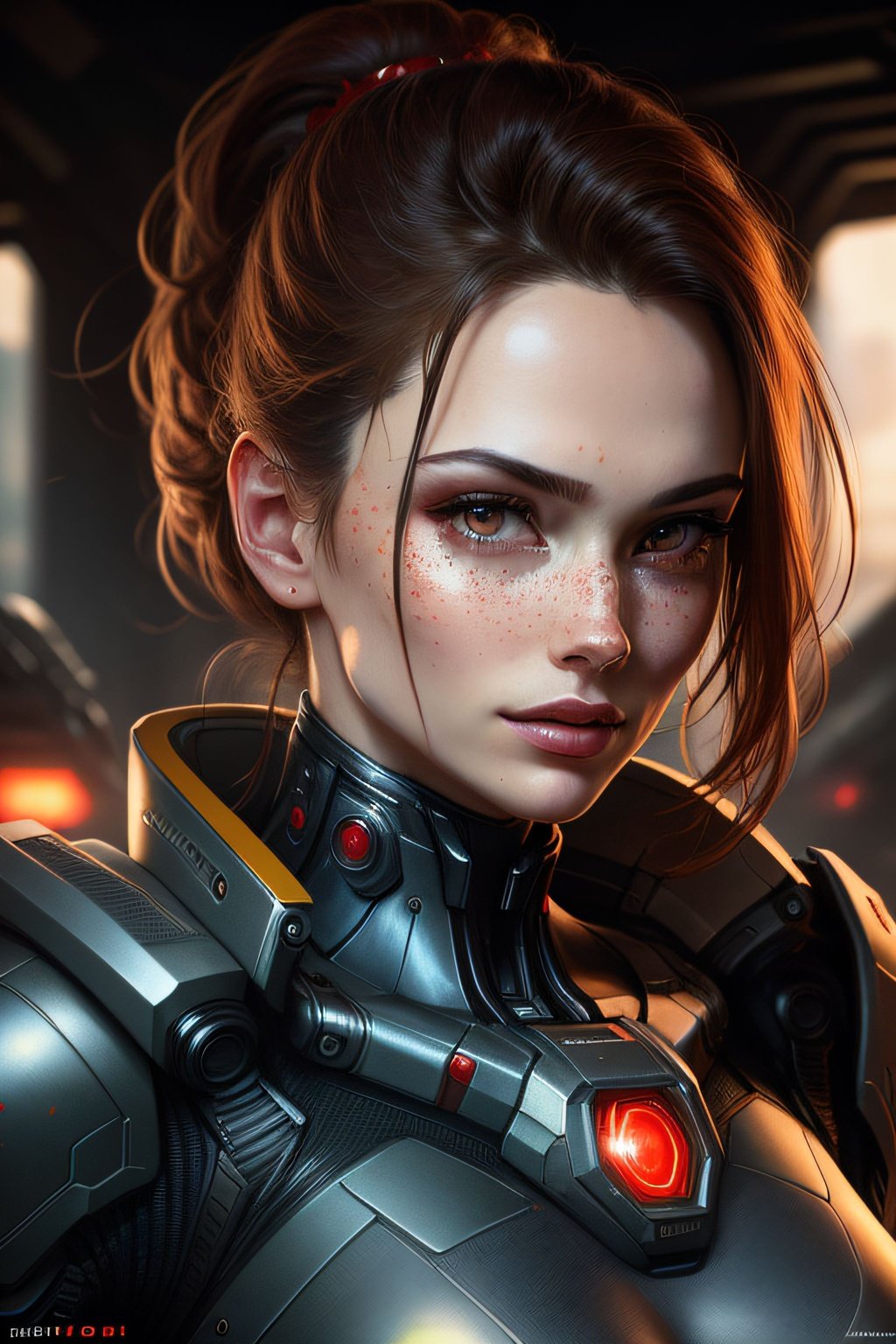 Prompt: ((best quality)), ((masterpiece)), ((realistic)), (detailed), portrait, close up, woman, robot, red eyes, concept art, inspired by Marek Okon, digital art, Crysis Nanosuit, futuristic, freckles, highly detailed skin, looking at the viewer, cyberpunk art, stunning gradient colors, no watermark signature, detailed background, spaceship, hanger, closed mouth, insanely detailed, , ((masterpiece)), absurdres, HDR