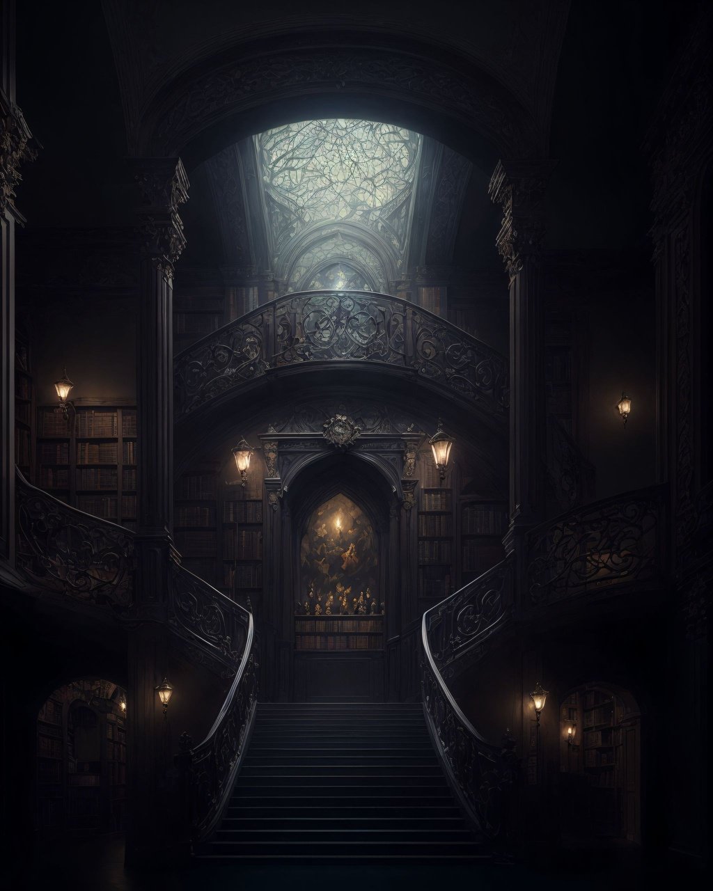Prompt: (insane, stunning, dramatic, completed artwork, HQ:1.1)  Hyperrealistic Great Library, Rococo, Victorian, Dark wood, Sky light Glow, Extremely detailed, intricate details, (masterpiece:1.2), soft dramatic moody lighting, radiant aura, ultra high quality octane render, hypermaximalist, Digital art, glow effects, Hand drawn, render, 8k, octane render, cinema 4d, blender, dark, atmospheric 4k ultra detailed, cinematic sensual, Sharp focus, humorous illustration, big depth of field, Masterpiece, colors, 3d octane render, concept art, trending on artstation, hyperrealistic, Vivid colors, modelshoot style, (extremely detailed CG unity 8k wallpaper), professional majestic oil painting by Ed Blinkey, Atey Ghailan, by Jeremy Mann, Greg Manchess, Antonio Moro, trending on ArtStation, trending on CGSociety, Intricate, High Detail, Sharp focus, dramatic, photorealistic painting art by midjourney and greg rutkowski, 16k, UHD, HDR10,((Masterpiece)), Absurdres