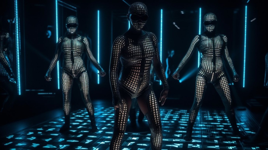 Prompt: glow dancers at a night club, in the style of intricately sculpted, grid formations, unreal engine 5, national geographic photo, junglecore, uhd image, body art