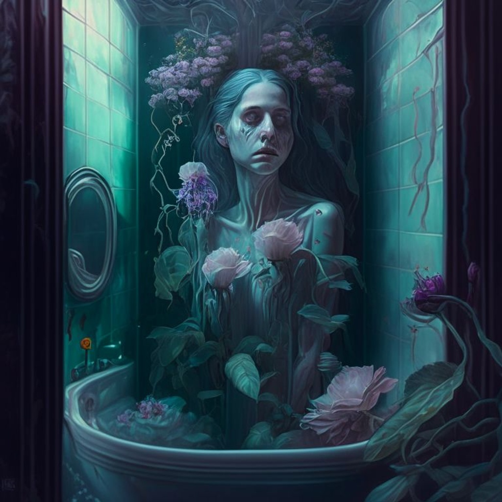 Prompt: best quality 8k resolution artwork by Brian Despain of a ghostly beautiful woman in a strange bathroom, creepy details, haunting, flowers, plants, greenhouse, hyperrealism, mix of illustration and digital painting