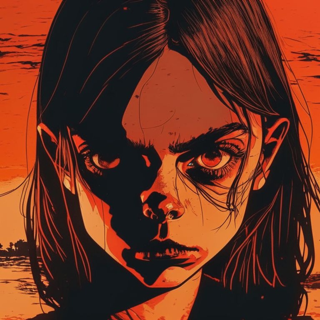 Prompt: 8k resolution Dafne Keen, vampire, sunset, intense eyes, blood, 1970s aesthetic, highest quality artwork by Becky Cloonan, published by Tokyopop, ultra sharp, smooth, sharp focus, highly detailed