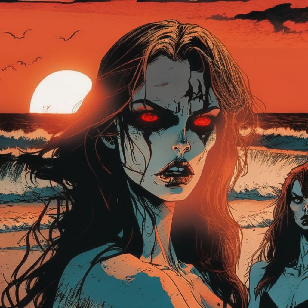 Prompt: 8k resolution beautiful women vampires on the beach, horror theme, sunset, intense eyes, blood, 1970s aesthetic, highest quality artwork by Becky Cloonan, published by Tokyopop, ultra sharp, smooth, sharp focus, highly detailed