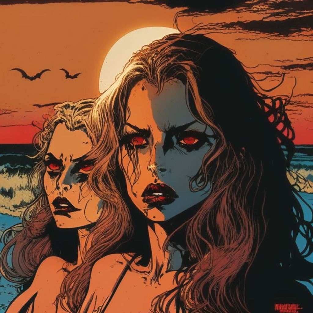 Prompt: 8k resolution beautiful women vampires on the beach, horror theme, sunset, intense eyes, blood, 1970s aesthetic, highest quality artwork by Becky Cloonan, published by Tokyopop, ultra sharp, smooth, sharp focus, highly detailed