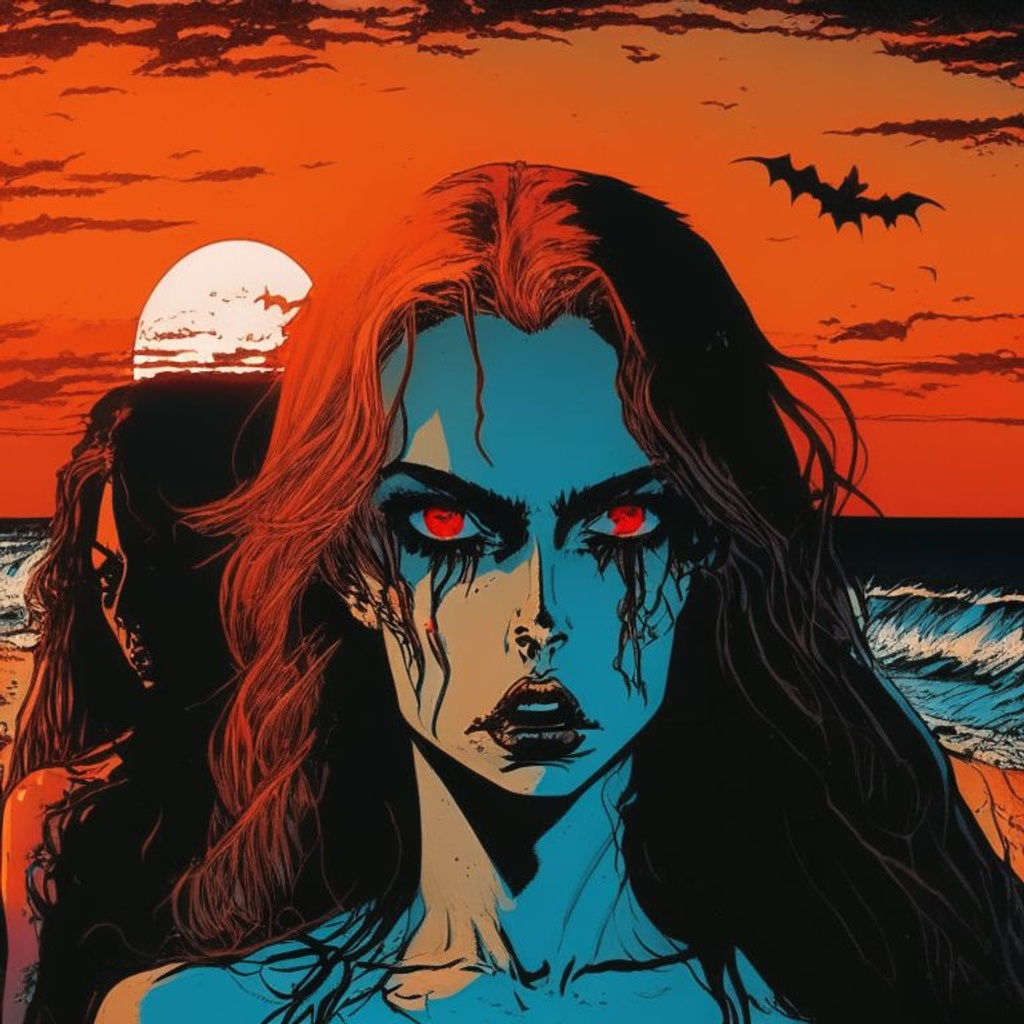 Prompt: 8k resolution beautiful women vampires on the beach, horror theme, sunset, intense eyes, blood, 1970s aesthetic, highest quality artwork by Becky Cloonan, published by Tokyopop, ultra sharp, smooth, sharp focus, highly detailed