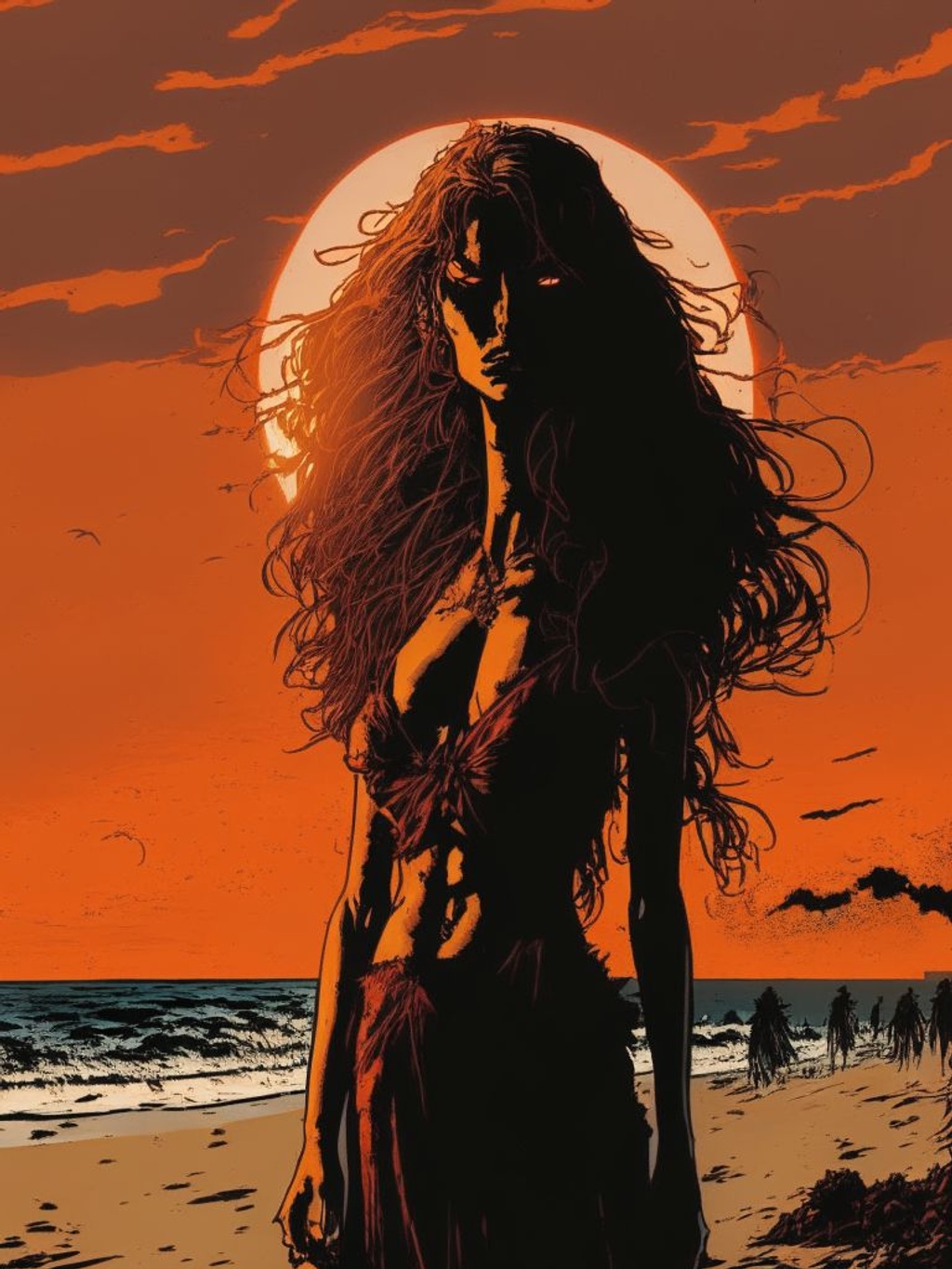 Prompt: 8k resolution woman vampire standing on the beach, tense scene, horror theme, sunset, intense eyes, blood, 1970s aesthetic, highest quality artwork by Becky Cloonan, published by Tokyopop, ultra sharp, smooth, sharp focus, highly detailed