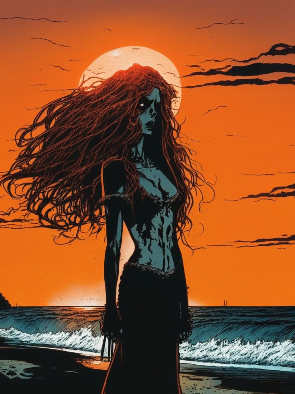 Prompt: 8k resolution woman vampire standing on the beach, tense scene, horror theme, sunset, intense eyes, blood, 1970s aesthetic, highest quality artwork by Becky Cloonan, published by Tokyopop, ultra sharp, smooth, sharp focus, highly detailed