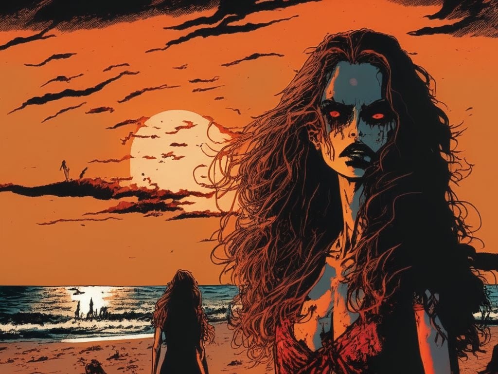 Prompt: 8k resolution woman vampires standing on the beach, tense scene, horror theme, sunset, intense eyes, blood, 1970s aesthetic, highest quality artwork by Becky Cloonan, published by Tokyopop, ultra sharp, smooth, sharp focus, highly detailed
