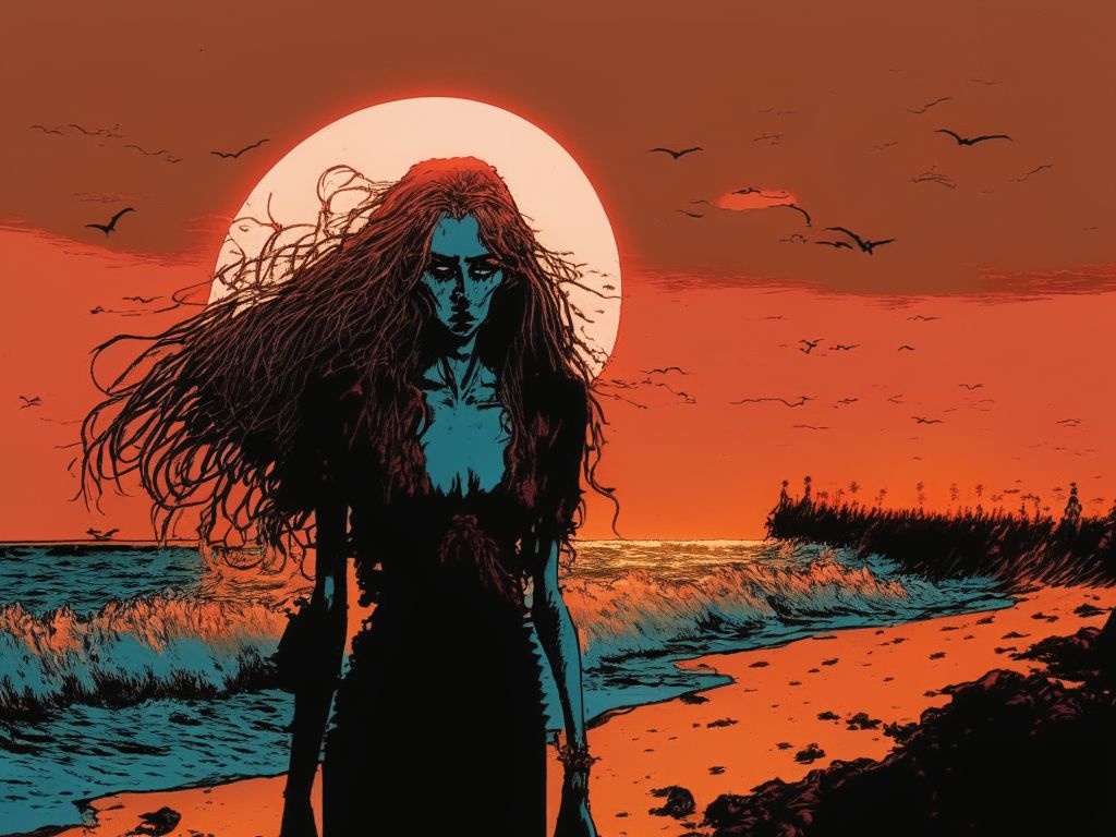 Prompt: 8k resolution woman vampires standing on the beach, tense scene, horror theme, sunset, intense eyes, blood, 1970s aesthetic, highest quality artwork by Becky Cloonan, published by Tokyopop, ultra sharp, smooth, sharp focus, highly detailed