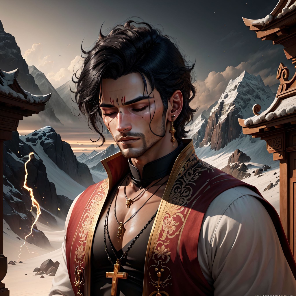 Prompt: (young handsome male:1.2), black hair , Arabian siren eyes, sad, blind closed eyes, dark lips, one ear damaged, dimple on one side , rosary, monk outfit white, in a mountain temple, prayer appointment, scar on the body, chains, artstation, digital art, particles, volumetric lighting, realistic, high quality, unreal engine 4, hd render