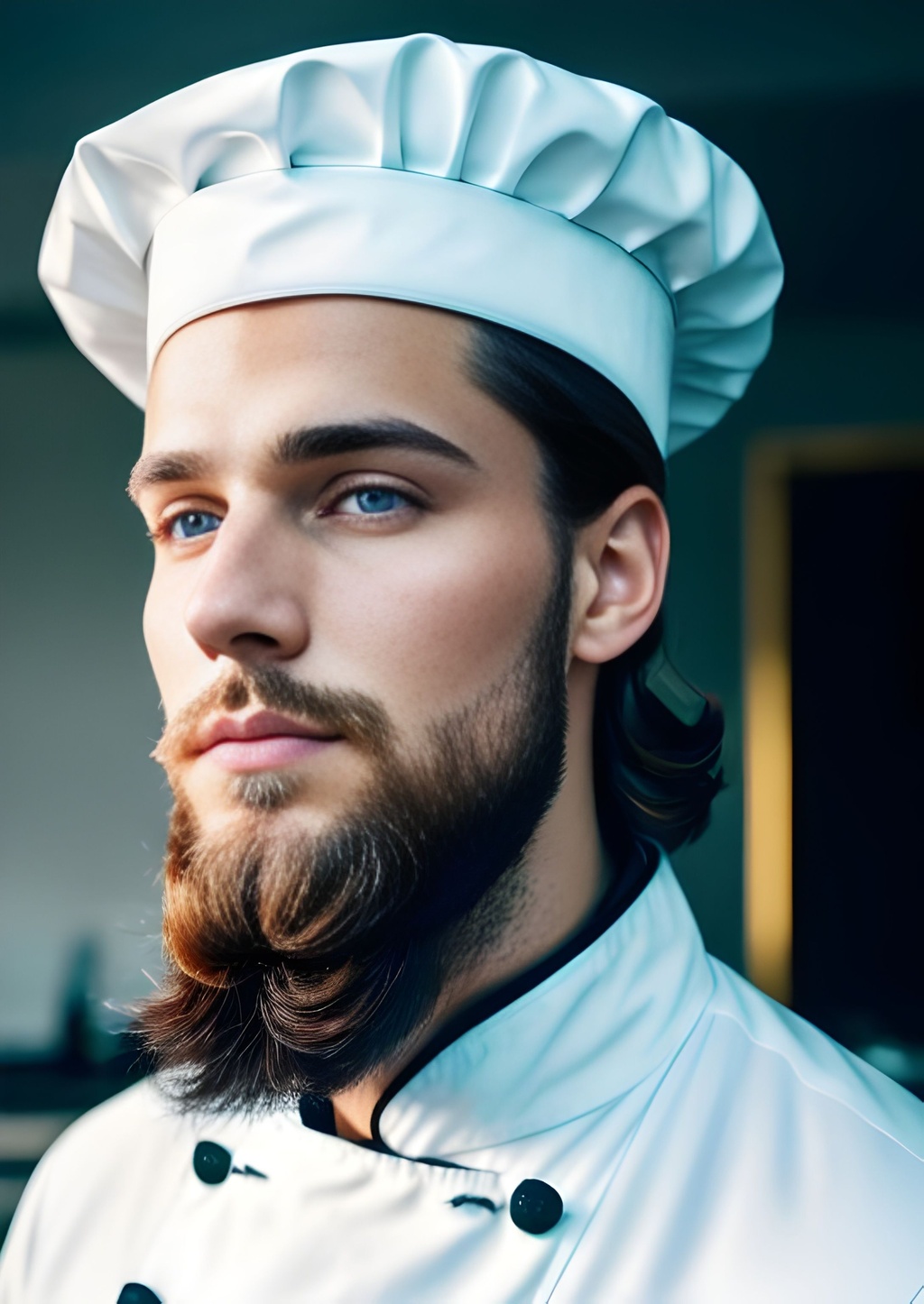 Prompt: A young handsome Poissonier,28 years old Russian male,elegant hair with beard,pretty eyes,glossy lips,Coat chef ,wearing hat cook,focus,cool pose,cinematic lighting,golden hour photography,kitchen,64k,UHD,highly realistic,ultra realistic,dynamic potrait,cinematic,photorealistic,