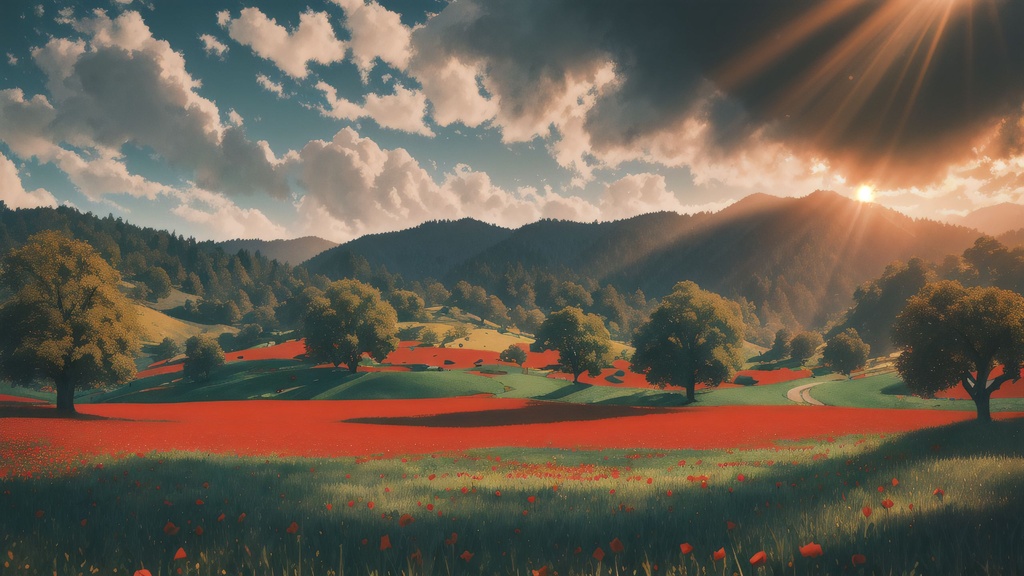 Prompt: award winning photography, Bokeh, Depth of Field, HDR, bloom, Chromatic Aberration , Photorealistic, extremely detailed, trending on artstation, trending on CGsociety, Intricate, High Detail, dramatic, art by midjourney, masterpiece, best quality, high quality, extremely detailed CG unity 8k wallpaper, Spring in California, Hillside covered with Poppy's, Dramatic Clouds , Oak Trees, Cinematic Scene, God Rays, Golden Hour, 16k, UHD, HDR10, 16K, ((Masterpiece)) , Absurdres