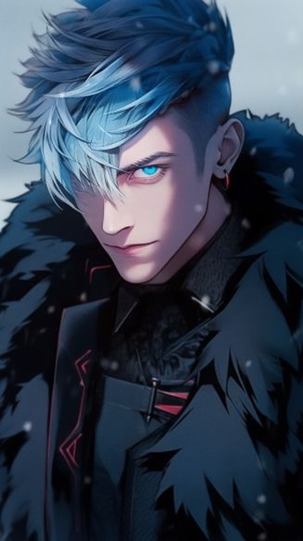 Prompt: Imagine a man with a strong, Russian-looking build, standing tall and confident. He's wearing a black jacket with black fur trim and intricate red patterns that catch the eye. His ice blue eyes are sharp and piercing, seeming to see right through you. He has short ice blue hair with a touch of white frosting on the sides, adding to his overall rugged appearance. Despite his stoic demeanor, there's a hint of a mischievous grin on his lips that suggests he knows something you don't. --ar 9:16 --iw 1 --q 2 --upbeta --niji 5