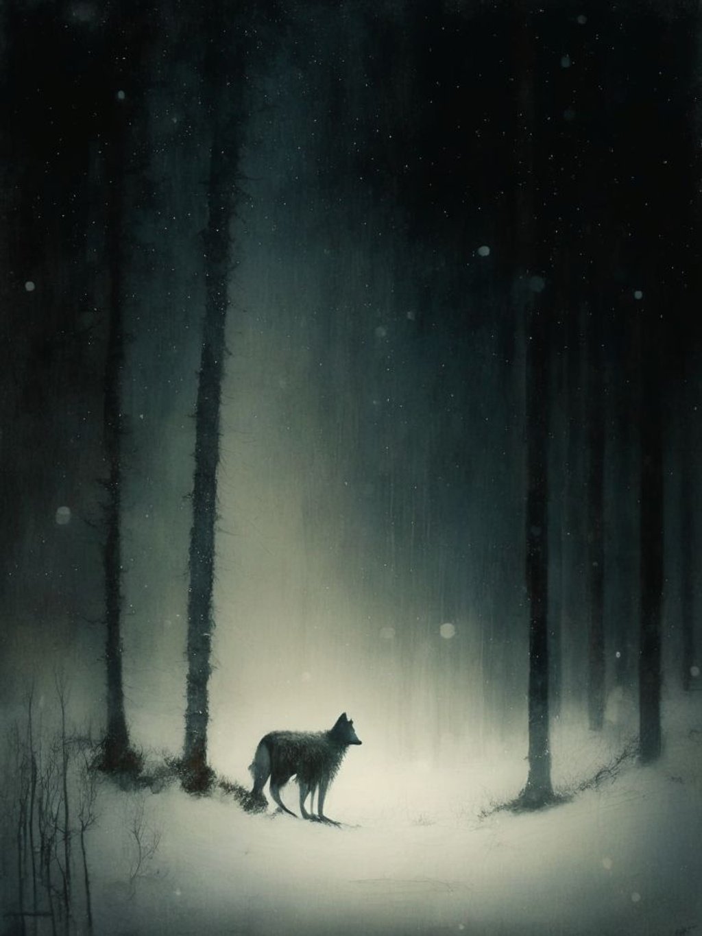 Prompt: a lost wolf in a dark forest, snow, chilly atmosphere, moody, beautifully lit, 8k resolution ultra sharp artwork by Catherine Hyde, highly detailed