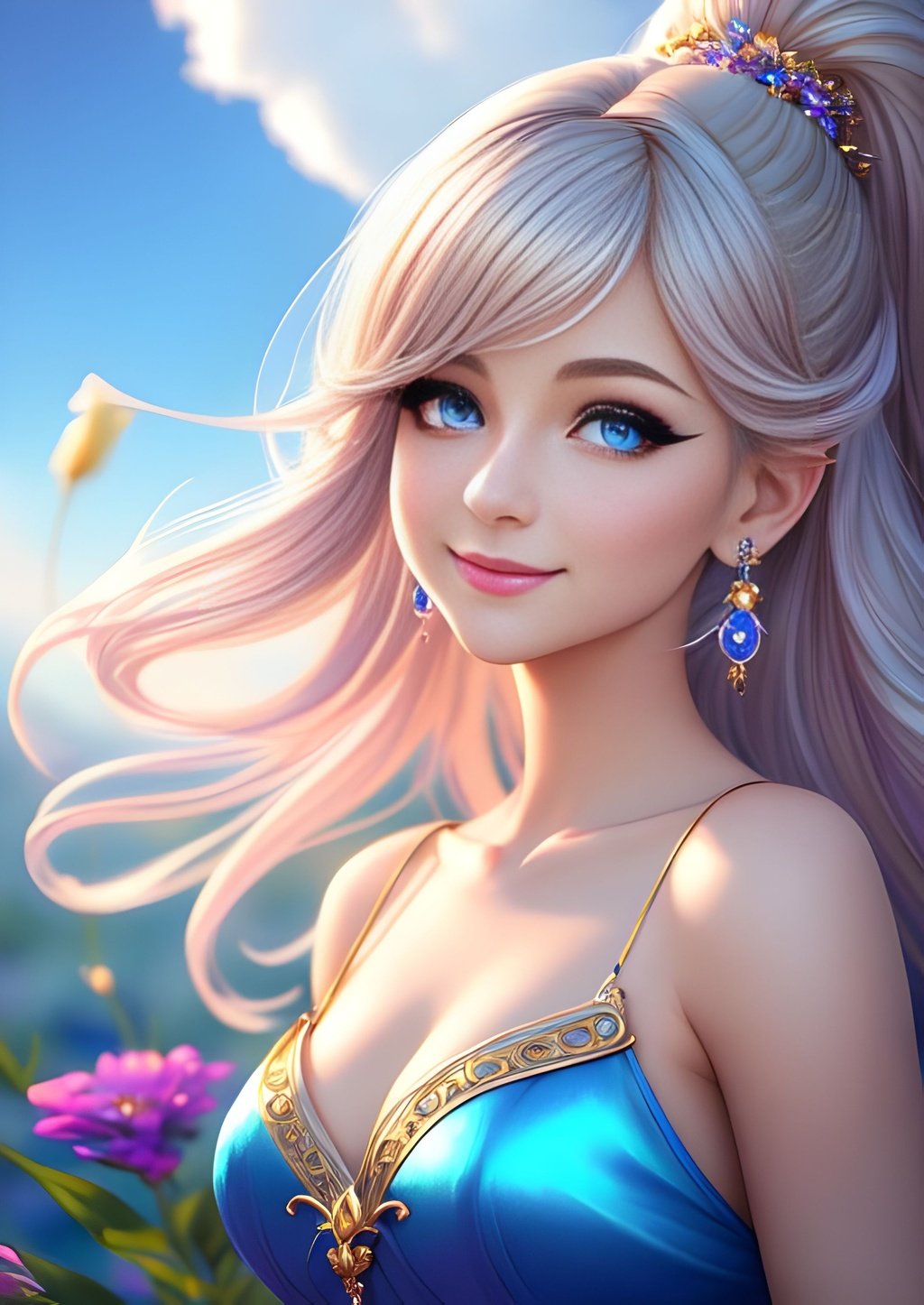 Prompt: Ilustration of Pixie,beautiful female,elegant hair,pretty eyes,small,lovely,smile,cheerful,spirit,natural lighting,64k,UHD,colorful,perfect composition,highly detailed,ultra-fine detailed,face detailed,glossy lip,fantasy,Sharp focus,full body,blue sky,cloudy,long shot,professional artist,artstation,