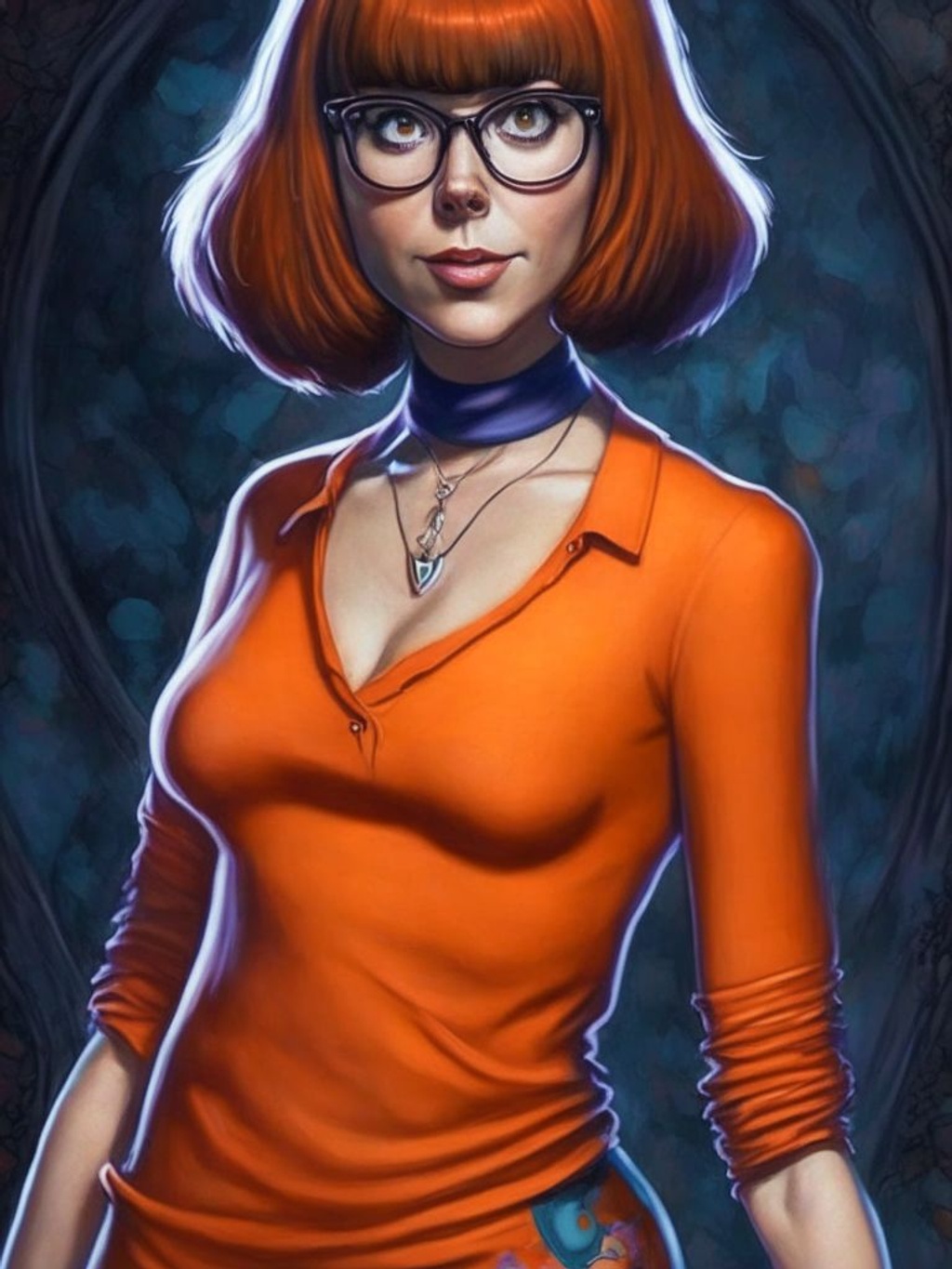 Prompt: best quality full body portrait of Velma from Scooby Doo artwork by Kelly Sue Deconnick hyperrealism horror theme graveyard illustration digital painting smooth ultra sharp artstation hq