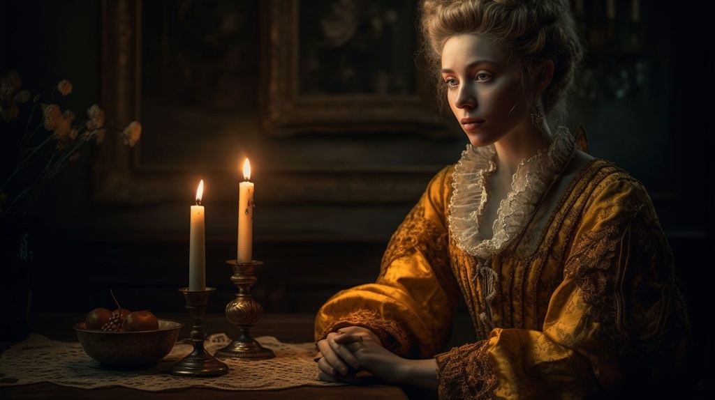 a woman sitting at a table with a candle, a portrait...