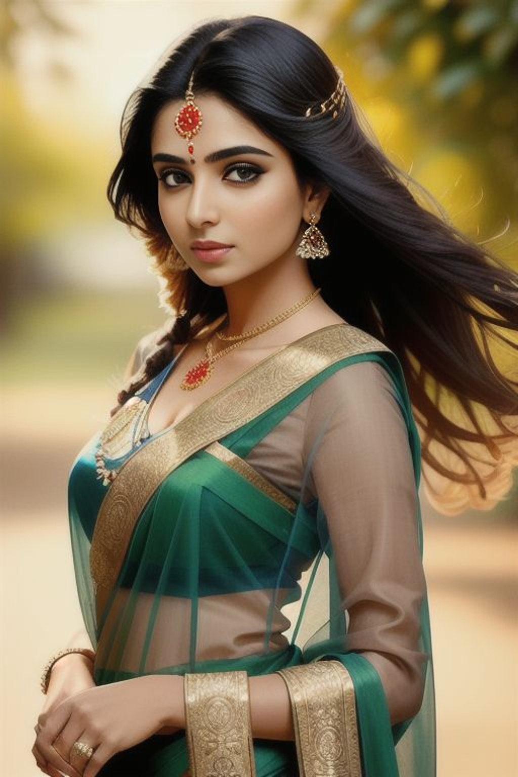 Prompt: Create a portrait of an Indian woman with long, loose hair, wearing a fishnet saree and a golden blouse. The woman has no forehead markings or jewelry, and her expression is contemplative. The background of the portrait should be a mix of warm and cool tones, with elements of nature such as flowers or leaves. The overall mood of the piece should be one of quiet elegance and introspection. Consider exploring the interplay between light and shadow to showcase the intricate details of the saree and the woman's features.