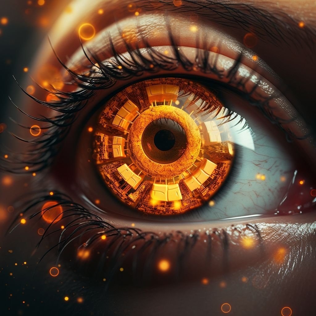 Prompt: with glowing eyes and yellow circles, in the style of hyperrealistic fantasy, rendered in cinema4d, orange and amber, hard edge painter, eye-catching composition, daz3d, surreal juxtaposition