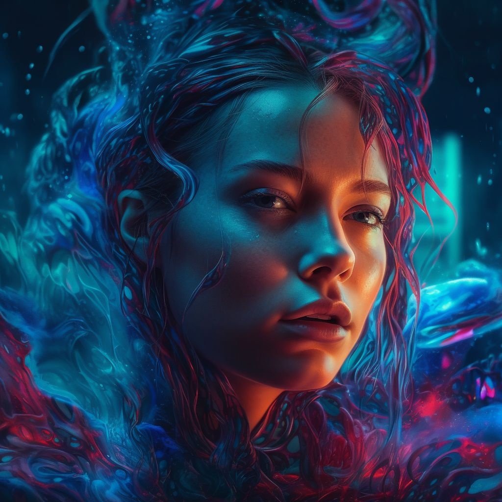 Prompt: sweden artist iriart digital portrait, in the style of futuristic psychedelia, vray tracing, fluid color combinations, hyper-detailed illustrations, luminous 3d objects, hyper-realistic water, neon color palette
