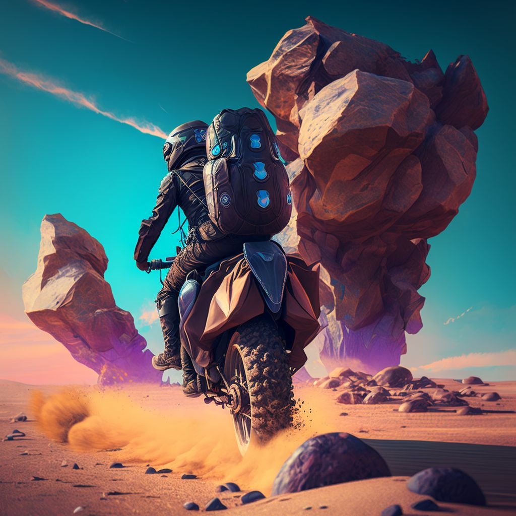 Prompt: a person in a suit riding over rocks as a person in a backpack, in the style of futuristic digital art, desertwave, speedpainting, cypherpunk, 8k 3d, chris labrooy, caras ionut