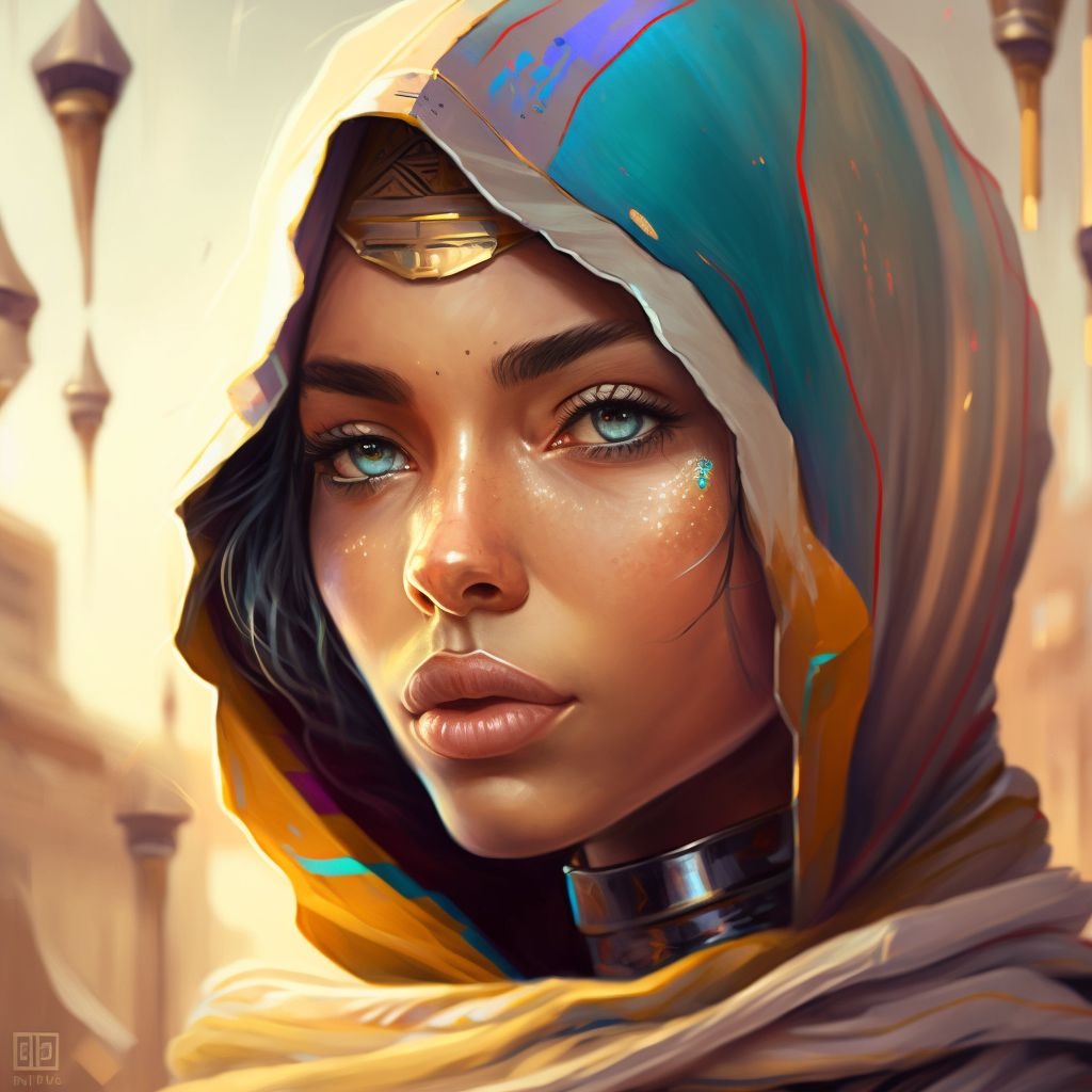 Prompt: egyptian girl in the style of desertwave, speedpainting, futuristic elements, konica auto s3, photorealistic scenes, colorful storytelling, bulbous 