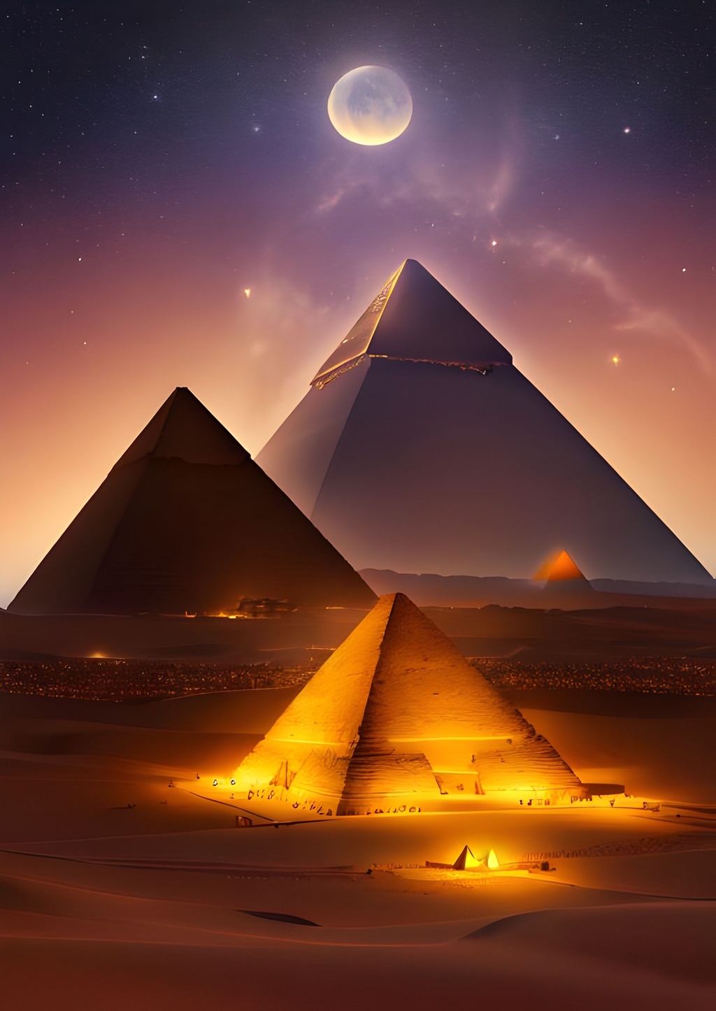 Prompt: Ilustration of Giza pyramid,Egypt,DSLR,night time,Moonlight,space,full of star,desert,dreamy mood,hyper realistic,cinematic,cinematic lighting,artistic,highly detailed,photo studio,64k,UHD,HDR,ultra-fine detailed,painting,artstation,fantasy,masterpiece,epic,