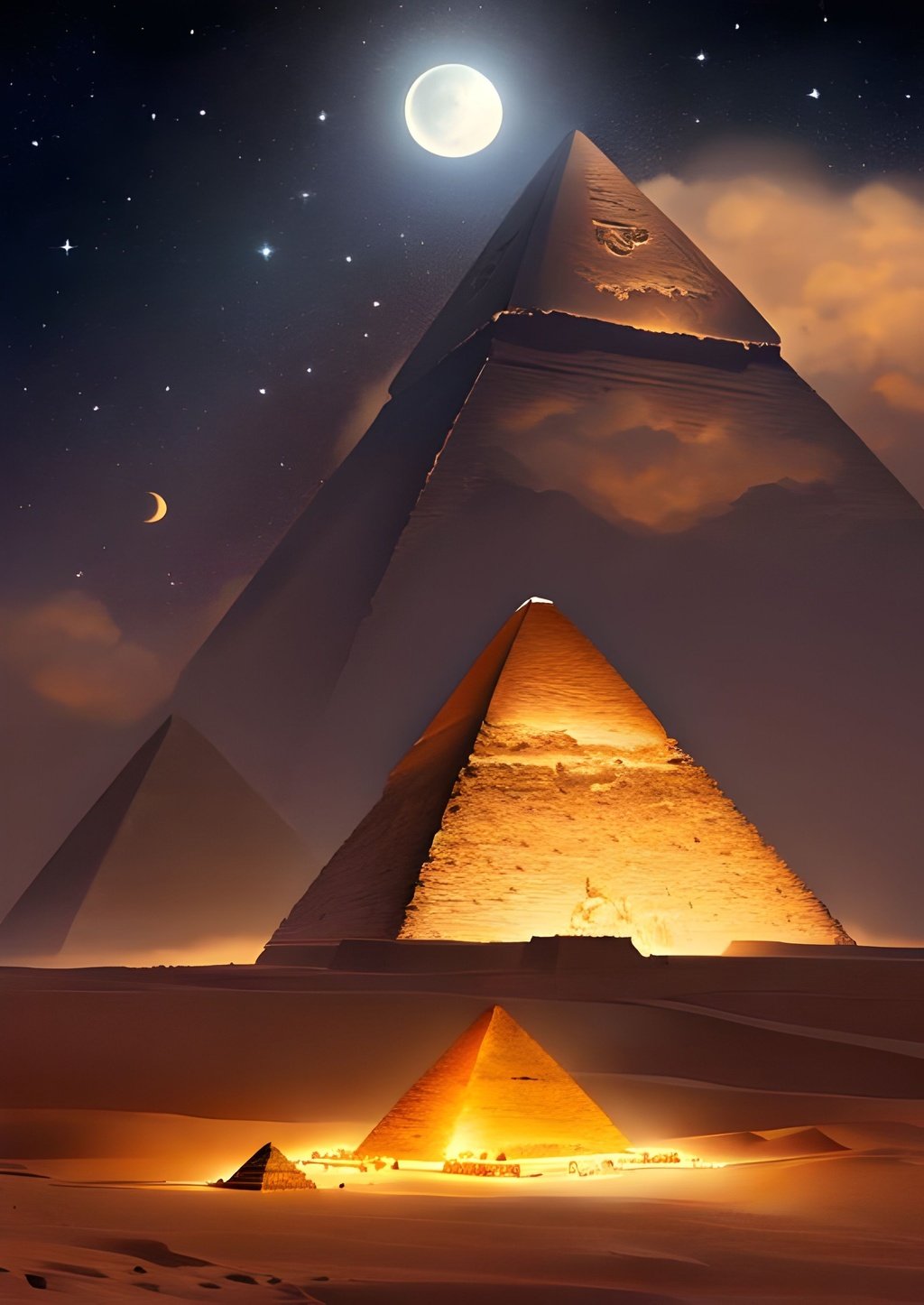 Prompt: Ilustration of Giza pyramid,Egypt,DSLR,night time,Moonlight,space,full of star,desert,dreamy mood,cinematic,cinematic lighting,artistic,highly detailed,photo studio,64k,UHD,HDR,ultra-fine detailed,painting,artstation,fantasy,masterpiece,epic,digital art,