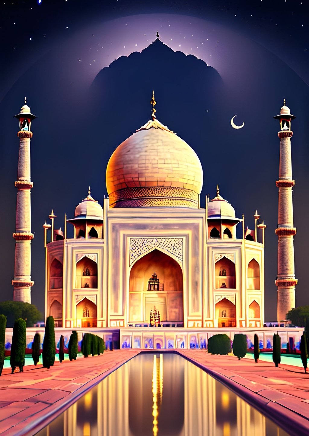 Prompt: Ilustration of Taj Majal, Agra, India,DSLR,night time,Moonlight,space,full of star,landscape,dreamy mood,cinematic,cinematic lighting,artistic,highly detailed,photo studio,64k,UHD,HDR,ultra-fine detailed,painting,artstation,fantasy,masterpiece,epic,