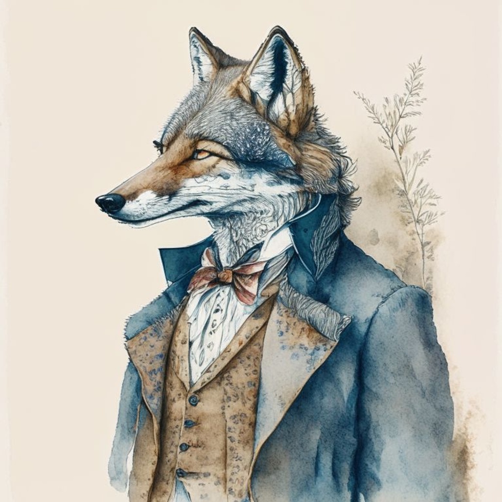 Prompt: a gentlman wolf, best victorian outfit, velvet, cunning look, dandy, highly detailed, watercolor and ink, full color, best quality 8k resolution artwork by Beatrix Potter ultra sharp, trending on artforum