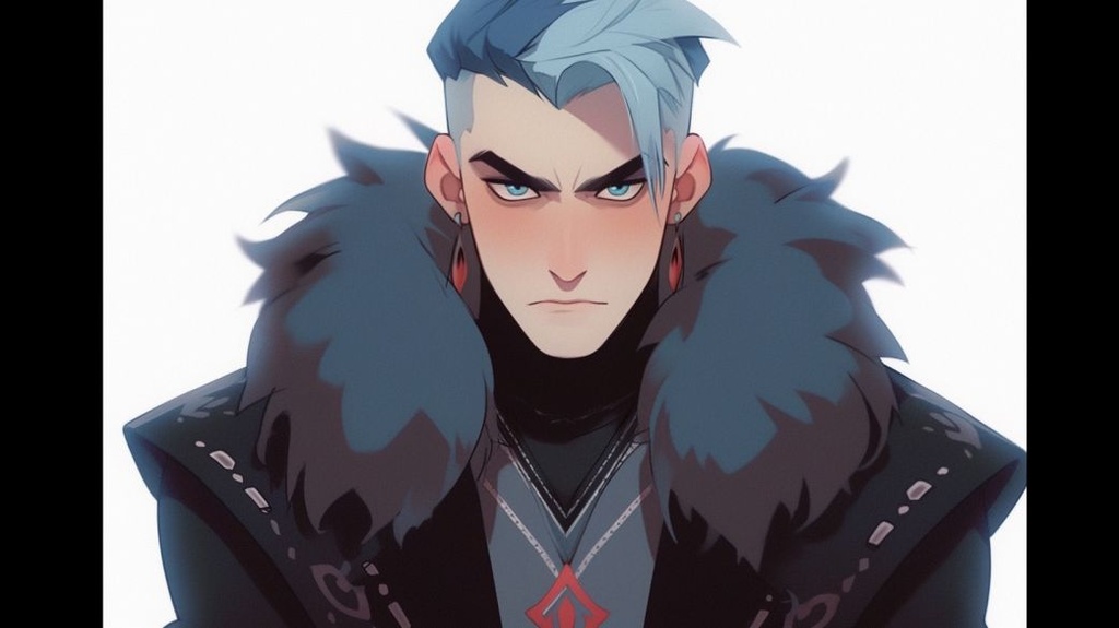 Prompt: man with a strong, Russian-looking build, standing tall and confident. He's wearing a black jacket with black fur trim and intricate red patterns that catch the eye. His ice blue eyes are sharp and piercing, seeming to see right through you. He has short ice blue hair with a touch of white frosting on the sides, adding to his overall rugged appearance. Despite his stoic demeanor, there's a hint of a mischievous grin on his lips that suggests he knows something you don't. --ar 16:9 --iw .5 --q 2 --upbeta --niji 5 --style cute --s 50