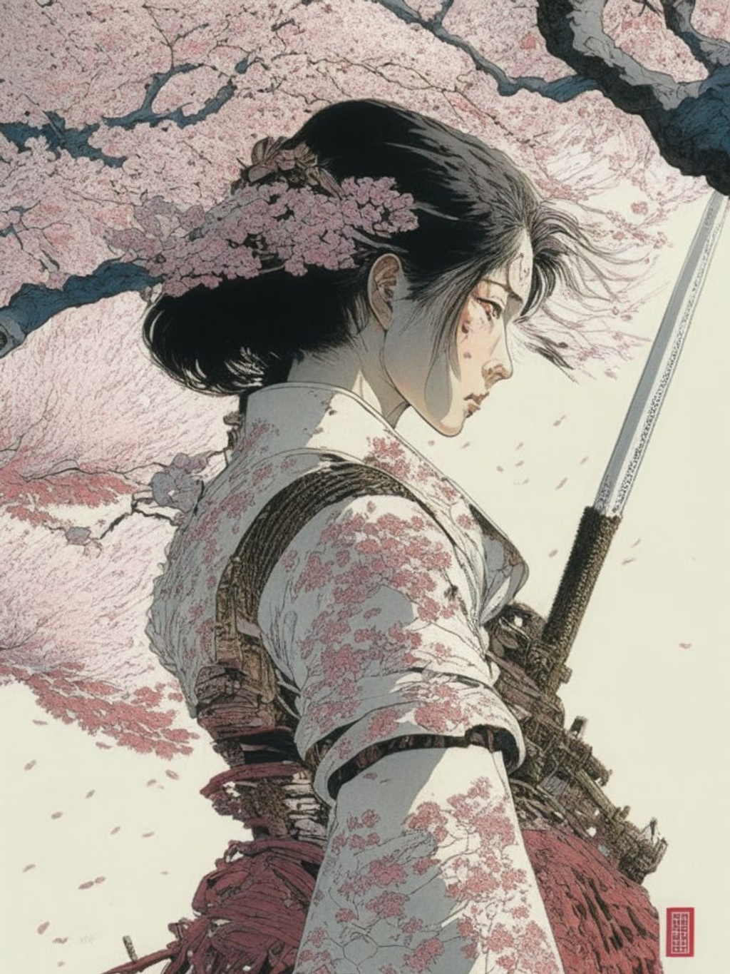 Prompt: Katsuhiro Otomo's best manga illustration. Award winning masterpiece. Official art. Intense woman samurai amongst the cherry blossom trees. Best quality, ultra smooth, ultra clean, 8k, ultra high res, ultra sharp, ultra-detailed, sharp focus