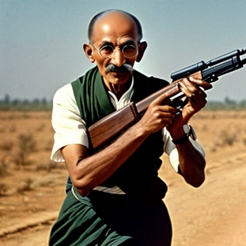 Prompt: Vintage photograph of athletic Mahatma gandhi holding a gun in a post-apocalyptic desert. 